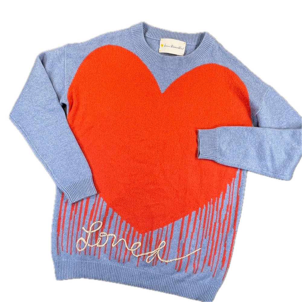 Kerri Rosenthal Loved Heart Sweater Small Blue Red Cashmere Pullover Luxury